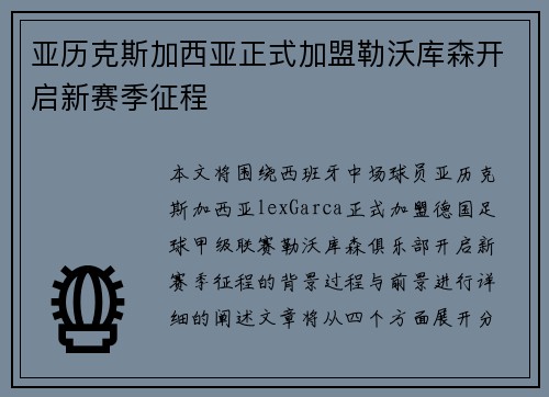 亚历克斯加西亚正式加盟勒沃库森开启新赛季征程