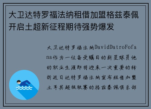 大卫达特罗福法纳租借加盟格兹泰佩开启土超新征程期待强势爆发