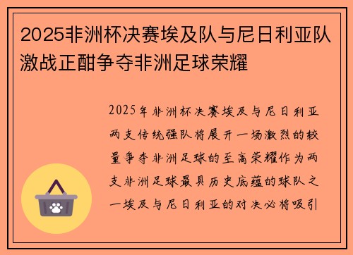 2025非洲杯决赛埃及队与尼日利亚队激战正酣争夺非洲足球荣耀