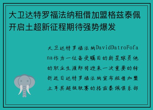 大卫达特罗福法纳租借加盟格兹泰佩开启土超新征程期待强势爆发